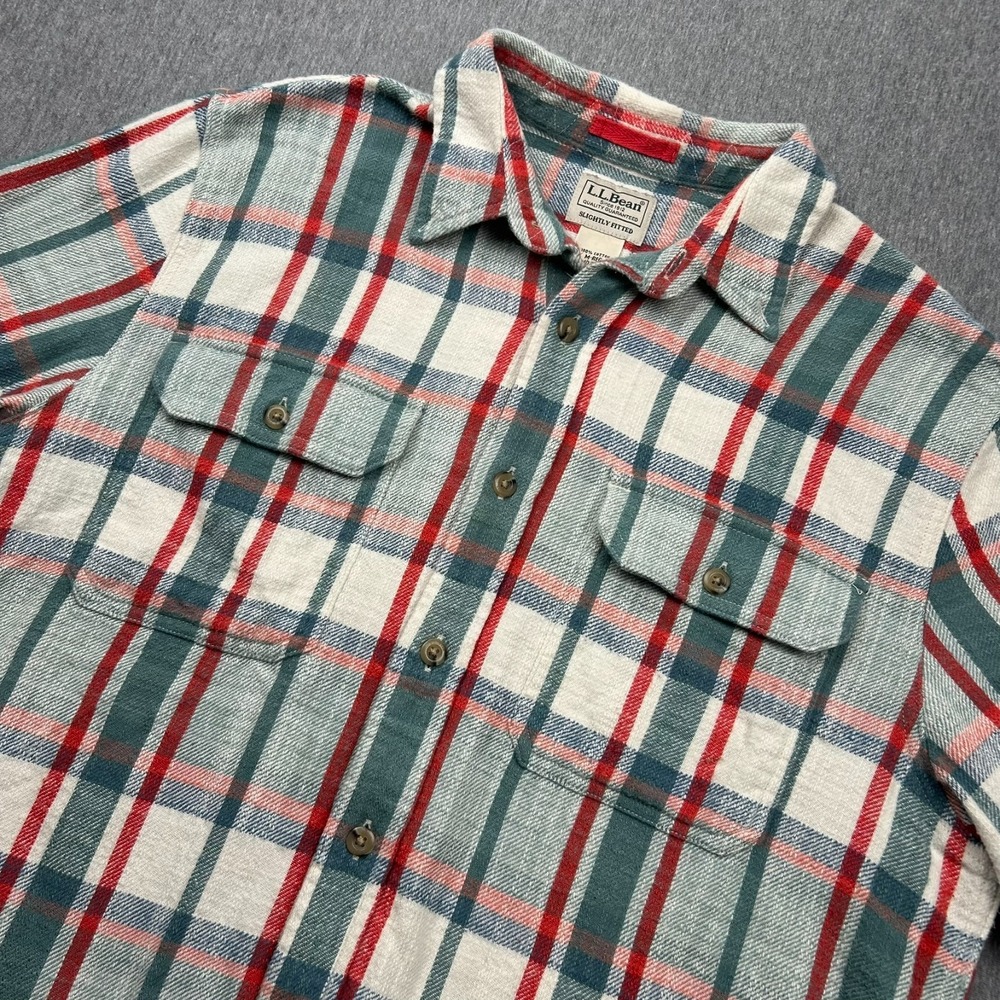 LL Bean 1912 Field Flannel Shirt Mens Medium Slightly Fitted Green Red Plaid